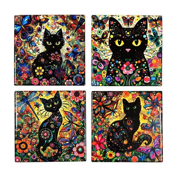 Floral Cat Ceramic Coaster Set 4